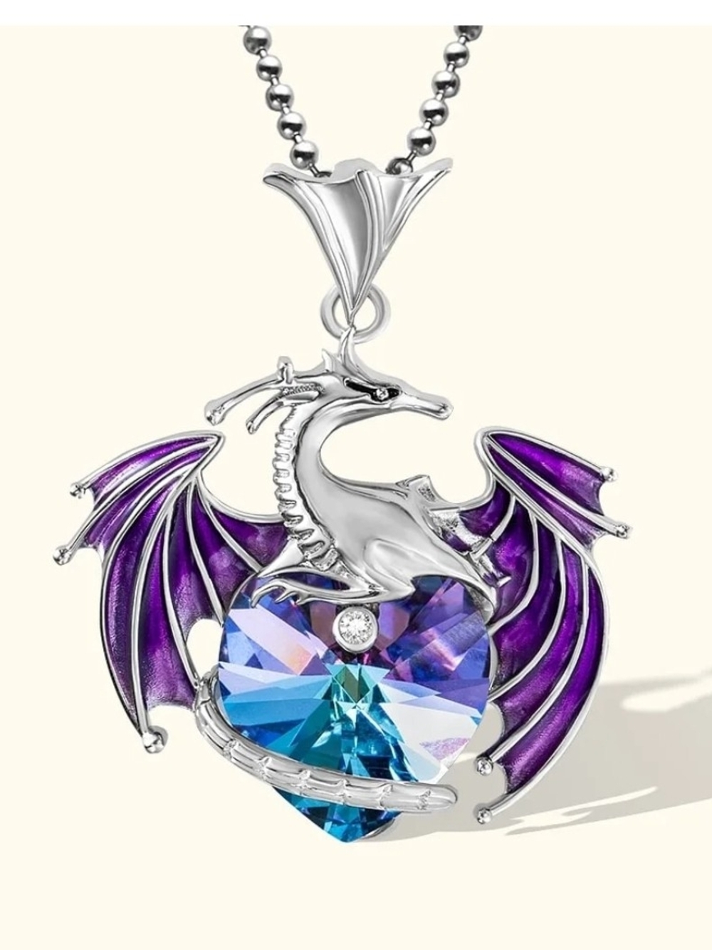 NWOT Silver Dragon Heart Pendant Necklace with Purple Wings